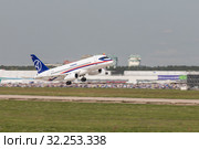 30 AUGUST 2019 MOSCOW, RUSSIA: A big white passenger plane taking off the runway - SUKHOI SUPERJET100. Редакционное фото, фотограф Константин Шишкин / Фотобанк Лори
