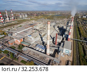 Компания HeidelbergCement. Завод по производству сухих строительных смесей. Вид с воздуха. HeidelbergCement. Plant for the production of dry mixes. Aerial view. Редакционное фото, фотограф Евгений Романов / Фотобанк Лори