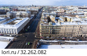 Crossing of the Fontanka river embankment and Nevsky avenue. The Anichkov Bridge at winter season. Aerial view of the Saint-Petersburg, Russia (2017 год). Редакционное фото, фотограф Кекяляйнен Андрей / Фотобанк Лори