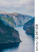Aurlandsfjord view from the top of Stegastein viewpoint in Norway fjords. Стоковое фото, фотограф Николай Коржов / Фотобанк Лори