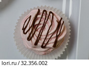 Aerial pink cherry marshmallows. Sprinkled with dextrose. Garnished with Chocolate. Close-up. Стоковое фото, фотограф Vadzim Yakubovich / Фотобанк Лори