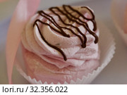 Aerial pink cherry marshmallows. Sprinkled with dextrose. Garnished with Chocolate. Close-up. Стоковое фото, фотограф Vadzim Yakubovich / Фотобанк Лори
