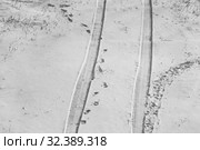 Winding snow car trail through winter landscape and footprints in the snow. Black and white photo. Стоковое фото, фотограф Татьяна Куклина / Фотобанк Лори