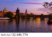 Night view of Charles bridge. Prague. Czech Republic. Стоковое фото, фотограф Яков Филимонов / Фотобанк Лори