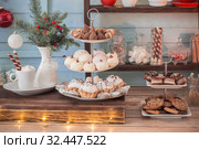 Christmas bar cacao decoration with cookies and sweets on blue wooden background in vintage style. Стоковое фото, фотограф Майя Крученкова / Фотобанк Лори
