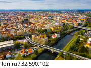 Aerial landscape of czech town of Pilsen with old historical houses in fall day (2019 год). Стоковое фото, фотограф Яков Филимонов / Фотобанк Лори