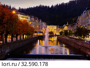 Embankments of Karlovy Vary in evening, Czech Republic. Стоковое фото, фотограф Яков Филимонов / Фотобанк Лори