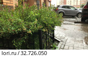 Rainstorm with strong wind, empty urban street with rain and drops falling in puddles. Стоковое видео, видеограф Кекяляйнен Андрей / Фотобанк Лори