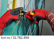 Electrician works with cable wire. Стоковое фото, фотограф Дмитрий Калиновский / Фотобанк Лори