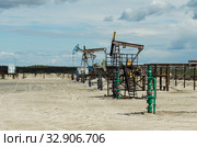 Добыча нефти в Западной Сибири. Группа нефтекачалок. Oil production in Western Siberia. A group of pumpjacks. Стоковое фото, фотограф Евгений Романов / Фотобанк Лори