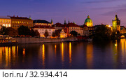 Evening view of Charles Bridge with illumination. Prague. Czech Republic. Стоковое фото, фотограф Яков Филимонов / Фотобанк Лори