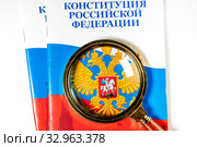 Брошюра "Конституция Российской Федерации" под лупой на белом фоне. Стоковое фото, фотограф Николай Винокуров / Фотобанк Лори