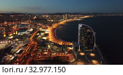 Evening view of Barceloneta and Port Vell. Barcelona. Spain (2019 год). Стоковое видео, видеограф Яков Филимонов / Фотобанк Лори