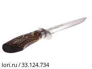 isolated dagger with a wooden handle and engraved blade. Стоковое фото, фотограф Sergiy Artsaba / PantherMedia / Фотобанк Лори