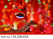 Chinese New Year elements in red background. Стоковое фото, фотограф Wong Sze Fei / PantherMedia / Фотобанк Лори