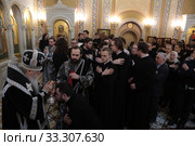 Митрополит Крутицкий и Коломенский Ювеналий причащает симинаристов (2020 год). Редакционное фото, фотограф Дмитрий Неумоин / Фотобанк Лори