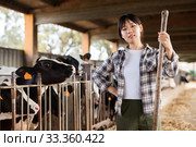 Female farmer who is feeding beasts at the cow farm. Стоковое фото, фотограф Яков Филимонов / Фотобанк Лори