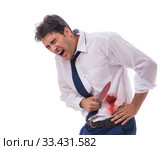Wounded businessman with blood stains isolated on white backgrou. Стоковое фото, фотограф Elnur / Фотобанк Лори