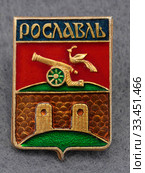Значок металлический "Рославль" (2020 год). Редакционное фото, фотограф Максим Гулячик / Фотобанк Лори