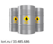 three metallic barrels on white background. Isolated 3D illustration. Стоковая иллюстрация, иллюстратор Ильин Сергей / Фотобанк Лори