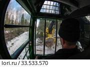 Механизированная рубка леса. Валочно-пакетирующая машина John Deere 903K в работе. Вид из кабины. Mechanized felling clearing. John Deere 903K at work. View from the cab. Стоковое фото, фотограф Евгений Романов / Фотобанк Лори