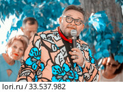 Russia, Samara, June 2019. Portrait of fashion historian Alexander Vasilyev at a lecture. Bank of the Volga. Festival "Volga Fest" Редакционное фото, фотограф Акиньшин Владимир / Фотобанк Лори