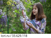 Красивая девочка в парке возле цветущей глициниеи. Стоковое фото, фотограф Марина Володько / Фотобанк Лори