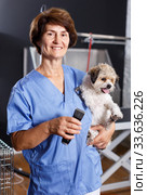 Female groomer with havanese puppy. Стоковое фото, фотограф Яков Филимонов / Фотобанк Лори