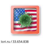 Warning sign with molecula of Coronavirus on the American flag. Стоковая иллюстрация, иллюстратор Ярослав Данильченко / Фотобанк Лори