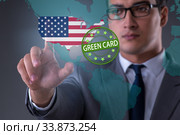 Concept of immigration to USA with virtual button pressing. Стоковое фото, фотограф Elnur / Фотобанк Лори