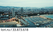 Famous Barceloneta beach on Mediterranean in Barcelona in night lights (2018 год). Стоковое видео, видеограф Яков Филимонов / Фотобанк Лори