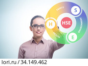 HSE concept with businesswoman pressing virtual button. Стоковое фото, фотограф Elnur / Фотобанк Лори