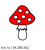 Colored hand-drawn vector illustration of One red fresh mushroom Fly agaric isolated on a white background. Стоковая иллюстрация, иллюстратор Татьяна Куклина / Фотобанк Лори