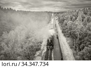 Рускеальский ретро-экспресс. Горный парк «Рускеала» в Карелии. Монохромное изображение (2020 год). Редакционное фото, фотограф Сергей Цепек / Фотобанк Лори