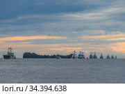 Россия. Санкт-Петербург. Армада военных кораблей в акватории Финского залива на параде в честь Дня ВМФ (2020 год). Редакционное фото, фотограф Литвяк Игорь / Фотобанк Лори