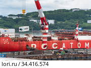 Crane unloading container cargo ship Sevmorput Rosatomflot - Russian nuclear-powered icebreaker lighter aboard ship carrier (2019 год). Редакционное фото, фотограф А. А. Пирагис / Фотобанк Лори