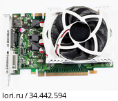Graphic card with large cooler, top view, white background. Стоковое фото, фотограф Кекяляйнен Андрей / Фотобанк Лори