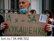 Мужчина стоит в одиночном пикете в поддержку действующего президента Республики Беларусь Александра Лукашенко на улице Маросейке напротив посольства Республики Беларусь в городе Москве, Россия (2020 год). Редакционное фото, фотограф Николай Винокуров / Фотобанк Лори