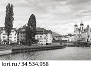 Old Lucerne view with Jesuit Church, black and white (2017 год). Стоковое фото, фотограф EugeneSergeev / Фотобанк Лори