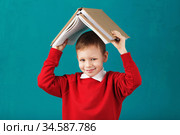 Cheerful smiling little school boy with big books on his head having fun against turquoise wall. Стоковое фото, фотограф Nataliia Zhekova / Фотобанк Лори