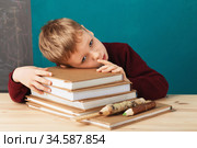 tired school boy asleep on books. little student sleeping on textbooks. Child in school uniform lies on the table with big pile of books against blue wall. School concept. Стоковое фото, фотограф Nataliia Zhekova / Фотобанк Лори