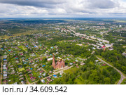 Panorama of the city of Vichuga with the Church of the Resurrection of Christ on a summer day, Ivanovo region, Russia (2020 год). Стоковое фото, фотограф Валерий Смирнов / Фотобанк Лори