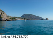 Гора Аю-Даг (Медведь-гора) на закате, вид с моря, Республика Крым, Россия (2000 год). Стоковое фото, фотограф Геннадий Соловьев / Фотобанк Лори