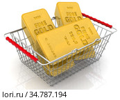 Покупка золота. Золотые слитки высшей пробы в продуктовой корзине. Стоковая иллюстрация, иллюстратор WalDeMarus / Фотобанк Лори