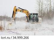 Расчистка земельных участков от кустарника. Кусторез Promac 36 BT RSMDC на базе CAT312 DL в работе. Clearing of land plots from bushes. Promac 36 BT RSMDC brush cutter mount on CAT312 DL at work. Стоковое фото, фотограф Евгений Романов / Фотобанк Лори