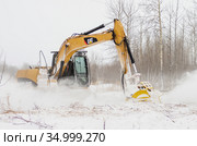 Расчистка земельных участков от кустарника. Кусторез Promac 36 BT RSMDC на базе CAT312 DL в работе. Clearing of land plots from bushes. Promac 36 BT RSMDC brush cutter mount on CAT312 DL at work. Стоковое фото, фотограф Евгений Романов / Фотобанк Лори
