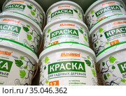 Банки с краской для садовых деревьев стоят на витрине (2020 год). Редакционное фото, фотограф Вячеслав Палес / Фотобанк Лори