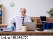 Old male employee suffering from radiculitis at workplace. Стоковое фото, фотограф Elnur / Фотобанк Лори