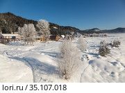 View of the winter Altai, the village of Artybash on the Bank of the Biya river. Altai Republic, Russia (2020 год). Стоковое фото, фотограф Наталья Волкова / Фотобанк Лори