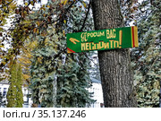 Табличка на дереве "Просим Вас не сорить!" (2020 год). Редакционное фото, фотограф stargal / Фотобанк Лори